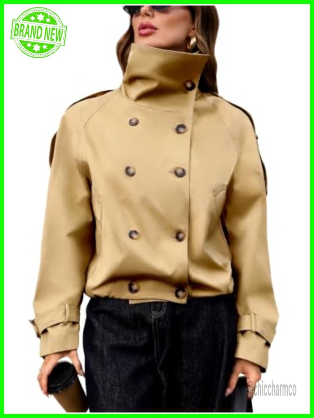 Cropped Trench Coat Women Funnel Neck Button Pockets Fall Outerwear